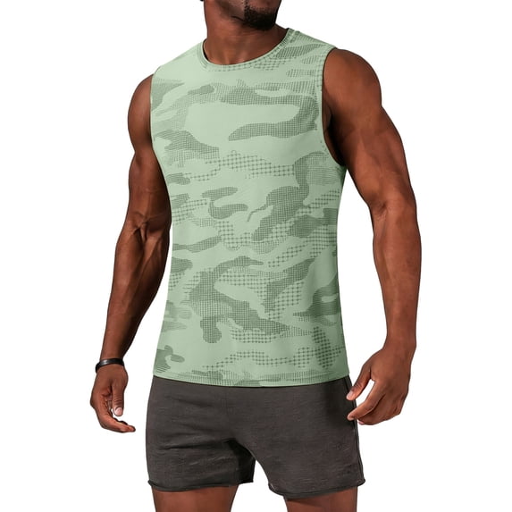 Havenx Camo Print Tank Tops for Men Sleeveless Crew Neck Shirt Rapid Dry Moisture-Wicking Tops Gym Workout Summer Beach Vacation Top Undershirts,Light Green L