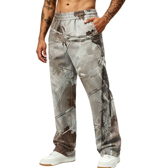 Havenx Camo Sweat Pants for Men Wide Leg Dry Leaf Print Elastic Waist Sweatpants with Pockets Open Bottom Camouflage Trousers Jogger Gym Workout Hiking Casual Loose Fit Clothes,Earthy Yellow L