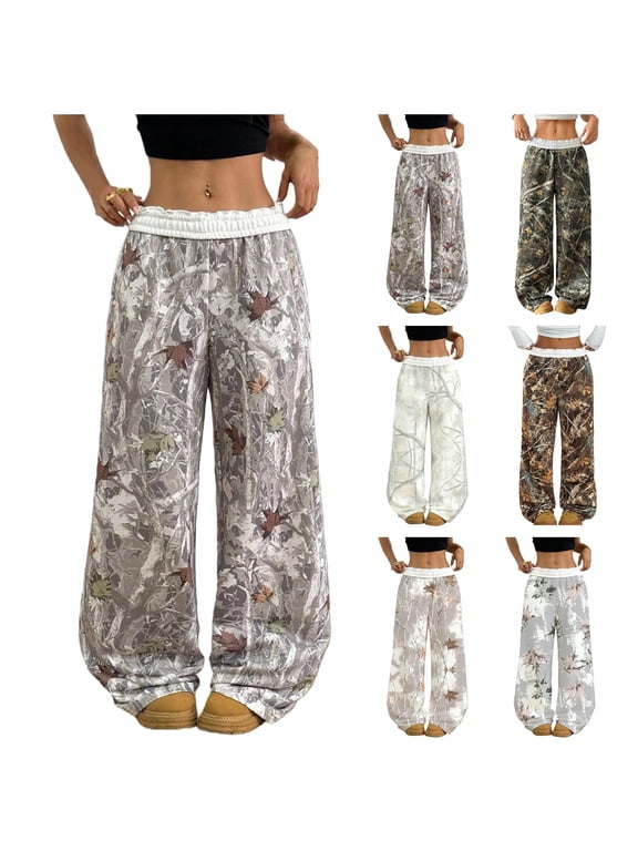 Camo Sweatpants for Womens Wide Leg Maple Leaf Print Sweatpant Elastic High Waisted Drawstring Clothes Camo Y2k Trendy Loose Workout Baggy Trousers Bottoms,Light Gray 2XL