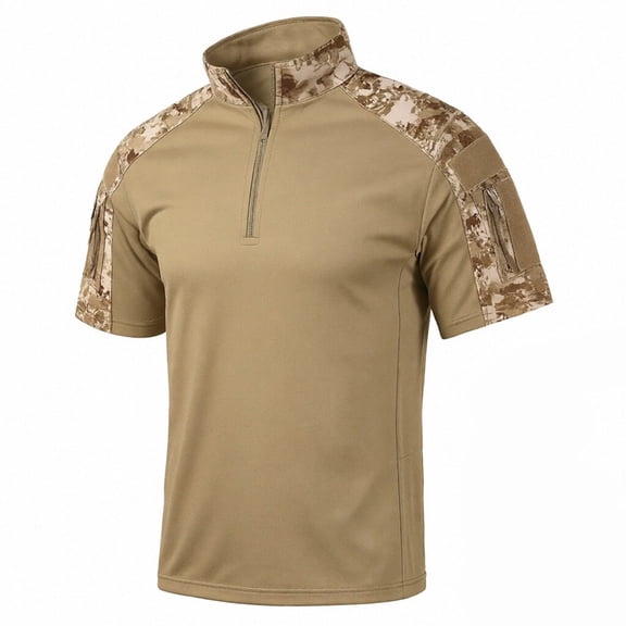 Havenx Camo T-Shirts for Men Short Sleeve 1/4 Zipper Shirts with Pockets Stretch Tops Hiking Outdoor Casual Summer Athletic Clothing,Khaki M