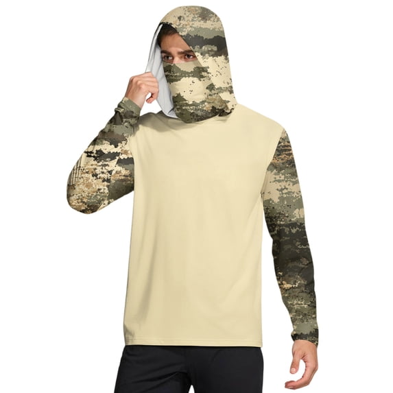 Havenx Camo Upf 50+ Sun Protection Hooded Shirt for Men Long Sleeve Hooded Rapid Dry Shirts with Mask Uv Protection Rash Guard Cooling Lightweight Outdoor Hiking Swim Blouses,Light Green 2XL