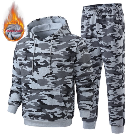 Havenx Camouflage Print Tracksuit for Men Long Sleeve Drawstring Fleece Hoodie and Elastic Waist Jogger Pants Sets with Pockets Sweatsuit Outfits Active Jogging Gym Soft Breathable Suits,Gray XL