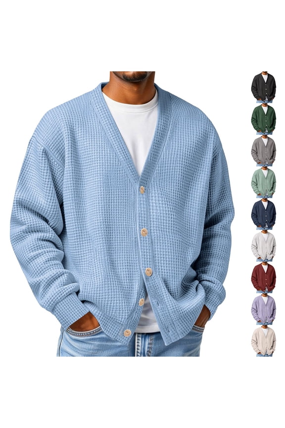 Cardigan Sweater for Men Waffle Knitted Button Up Sweaters V-Neck Long Sleeve Textured Cardigans Loose Relaxed Fit Lightweight Shirts,Light Green L