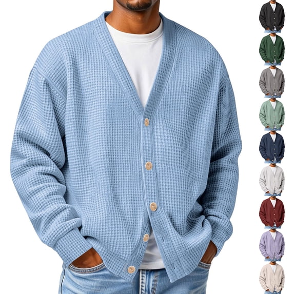 Havenx Cardigan Sweater for Men Waffle Knitted Button Sweaters V Neck Long Sleeve Textured Cardigans Classic Basic Relaxed Fit Loose Clothes,Beige XL