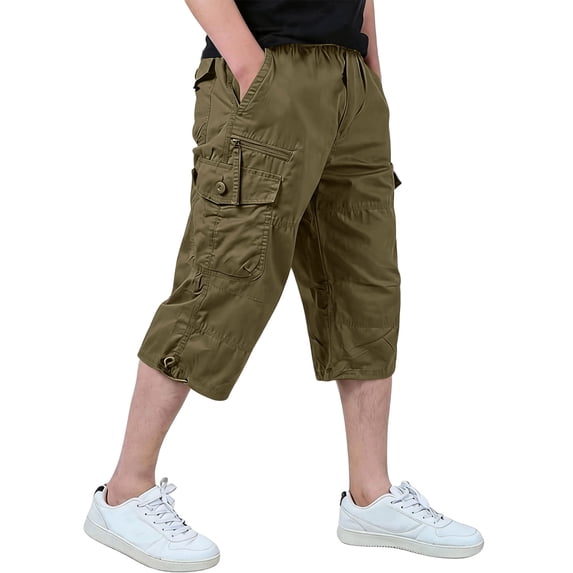 Havenx Cargo Capri Pants for Men Below the Knee Elastic Waist Shorts with Multi Pockets Trousers Athletic Work Hiking Relaxed Fit Travel Clothing,Brown M