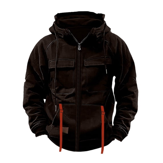 Havenx Cargo Hoodies for Men Full Zip Up Raglan Long Sleeve Hoodie with Multi Pockets Solid Color Hooded Sweatshirt Sports Athletic Gym Workout Fall Winter Stylish Tops,Brown 2XL