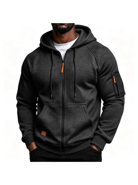 Cargo Hoodies for Men Full Zip Long Sleeve Jacket with Pockets Drawstring Hooded Sweatshirt Workout Lightweight Athletic Fall Winter Clothes