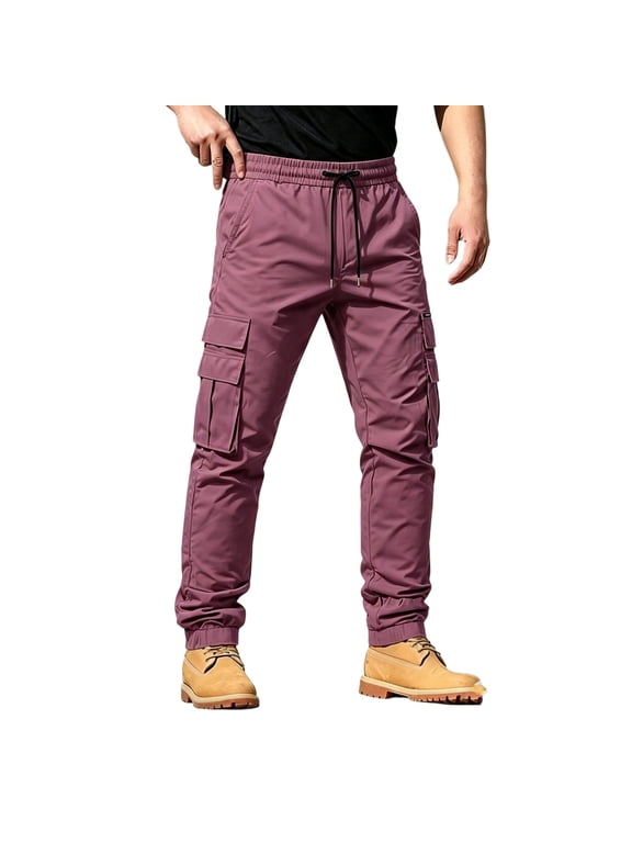 Cargo Joggers for Men Straight Leg Elastic Waist Drawstring Sweatpants with Pockets Stretch Joggers Loose Fit Casual Athletic Outdoor Workout Clothes,Purple L