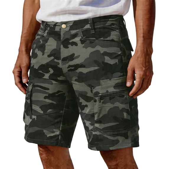 Havenx Cargo Shorts for Men Camo Knee Length Elastic Waist Shorts with Multi-Pockets Stretch Button Pant Travel Work Lightweight Summer Outdoor Hiking Wear,Camouflage Green L