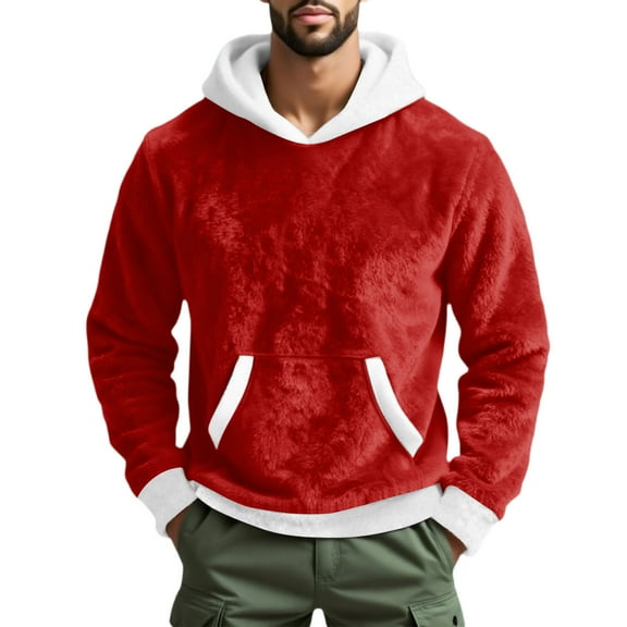 Havenx Christmas Hoodie Men Fuzzy Flannel Sweatshirt Long Sleeve Fleece Santa Hoodie Big and Tall Solid Color Xmas Pullover Tops,Red M