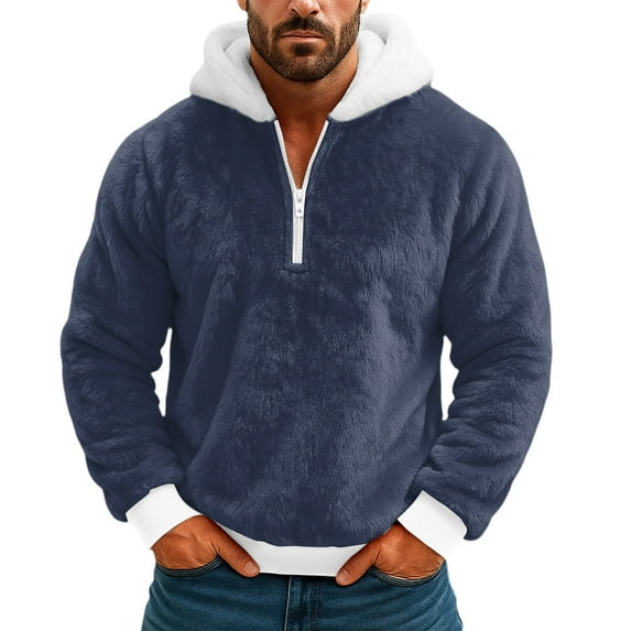 Havenx Christmas Sweatshirts for Men Long Sleeve Quarter Zip Fuzzy Flannel Hoodies Big and Tall Soild Color Santa Humor Hoodies Fleece Zipper Xmas Winter Tops,Navy S