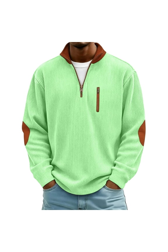 Corduroy 1/4 Zip Sweatshirt for Men Stand Collar Long Sleeves Pullovers with Elbow Patches Chest Zipper Pocket Sweatshirts Vintage Fall Winter Casual Loose Fit Tee Tops,Light Green 2XL