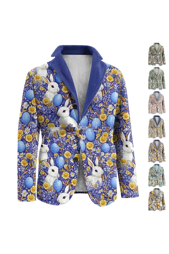 Corduroy Easter Jackets for Men Bunny Print Buttons Blazers with Side Pocket Lapel Collar Long Sleeve Jackets Blazer Dress Open Front Formal Party Dinner Easter Prom Clothes,Light Gray 2XL