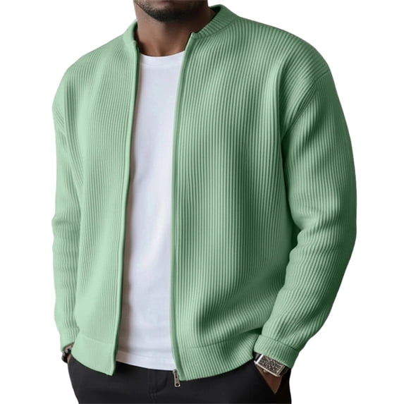 Havenx Corduroy Jacket for Men Ribbed Knit Full Zip Up Long Sleeve Jacket Mock Neck Solid Color Coat Vintage Casual Warm Lightweight Outfits,Light Green 2XL