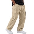 thumbnail image 1 of Havenx Cotton Linen Cargo Pants for Men Elastic Waist Drawstring Pants with Multi Pockets Straight Leg Trousers Summer Beach Breathable Casual Loose Fit Clothing,Khaki S, 1 of 4