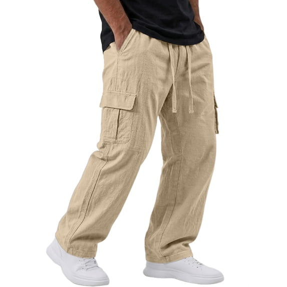 Havenx Cotton Linen Cargo Pants for Men Elastic Waist Drawstring Pants with Multi Pockets Straight Leg Trousers Summer Beach Breathable Casual Loose Fit Clothing,Khaki S
