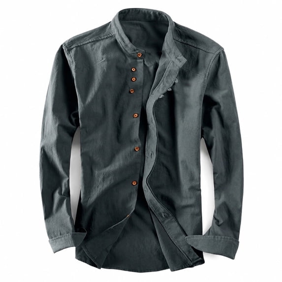 Havenx Cotton Linen Shirts for Men Long Sleeve Button Down Shirts Stand Collar Solid Color Tops Lightweight Vintage Soft Japan Style Clothes,Dark Gray L