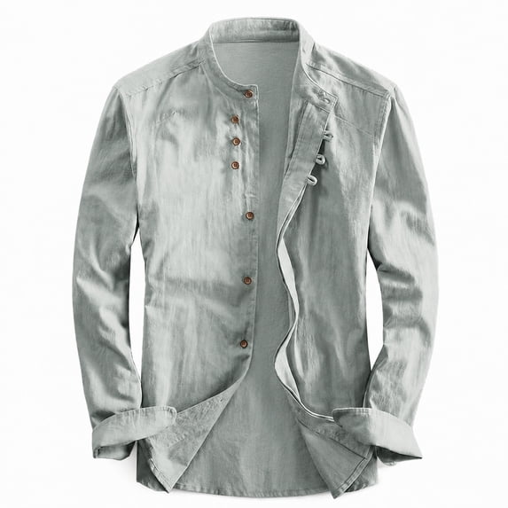 Havenx Cotton Linen Shirts for Men Long Sleeve Button Down Shirts Stand Collar Solid Color Tops Vintage Soft Japan Style Summer Vacation Clothes,Light Gray L