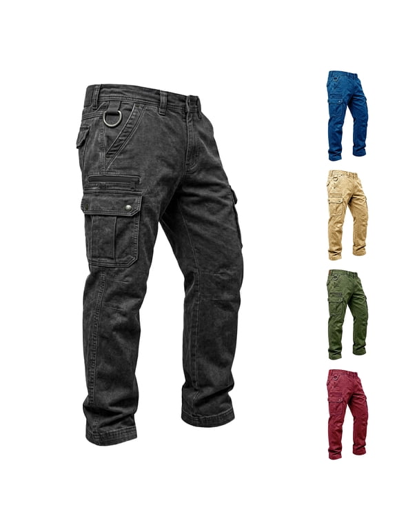 Denim Cargo Pants for Men Patchwork Button Closure Denim Jean with Pockets Stretch Jean Pant Outdoor Hiking Camping Work Vintage Clothes