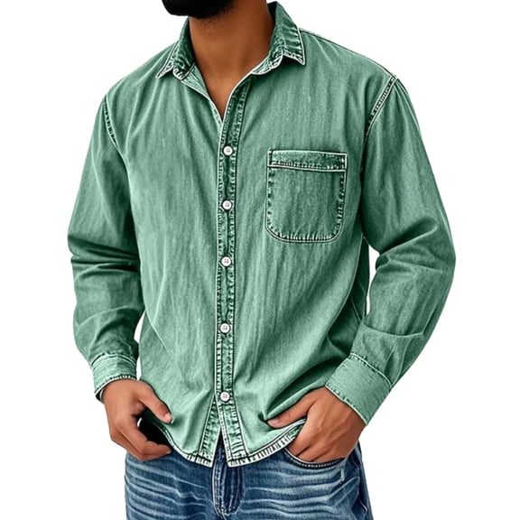 Havenx Denim Shirt for Men Button Long-Sleeve Shirts Pocket Stretch Solid Color Shacket Regular-Fit Soft Outdoor Cowboy Casual Blouse,Green 2XL