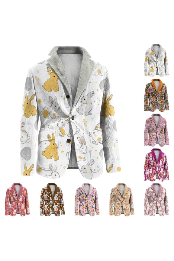 Easter Outfit for Men Corduroy Bunny Print Blazer with Side Pocket Lapel Collar Buttons Jacket Suits Open Front Easter Party Relaxed Fit Holiday Coat,Purple 4XL