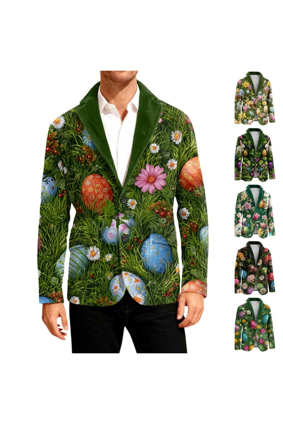Easter Outfit for Men Corduroy Buttons Blazers with Side Pocket Lapel Collar Easter Print Jacket Suits Open Front Formal Dinner Easter Party Prom Coat,Army Green M