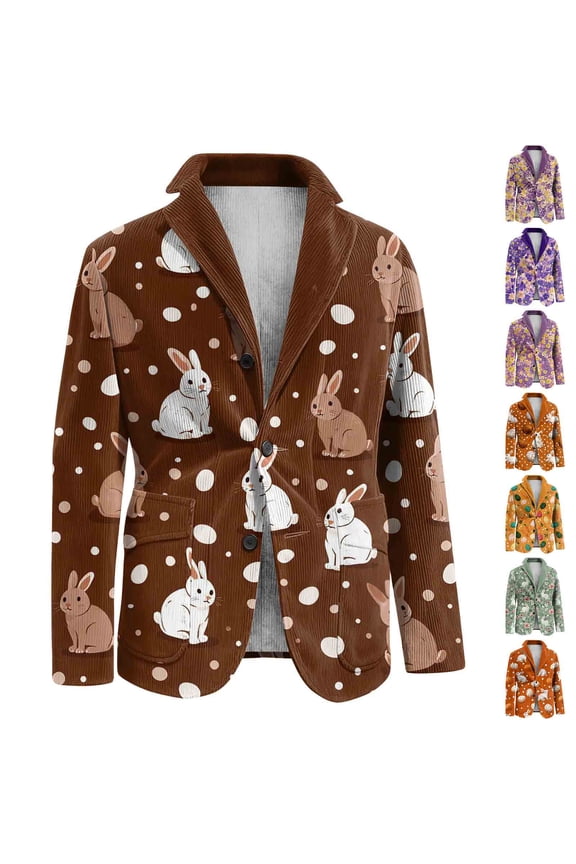Easter Suit Jacket for Men Corduroy Bunny Print Jacket with Side Pocket Lapel Collar Buttons Jacket Suits Open Front Funny Graphic Formal Party Dinner Easter Clothing,Coffee M