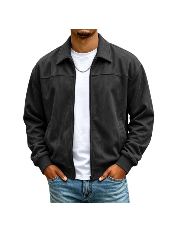 Faux Suede Bomber Jacket for Men Full Zip Long Sleeve Flight Coat with Pockets Lapel Collar Jackets Lightweight Athletic Casual 2026 Fall Outerwear,Black L