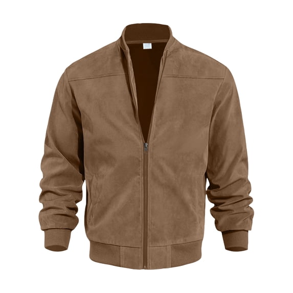 Havenx Faux Suede Bomber Jacket for Men Full Zip Long Sleeve Flight Coat with Pockets Stand Collar Jacket Athletic Casual Soft Outdoor 2026 Fall Outerwear