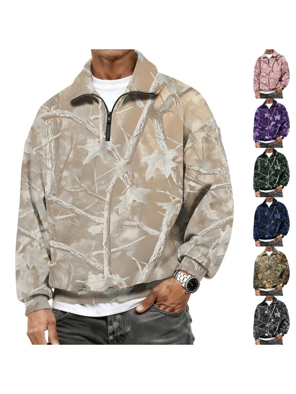 Flannel 1/4 Zip Pullover for Men Long Sleeve Collared Pullover Sweater Mock Neck Camouflage Print Sweatshirt Soft 2026 Fall Winter Outdoor Active Casual Outfits,Pink M