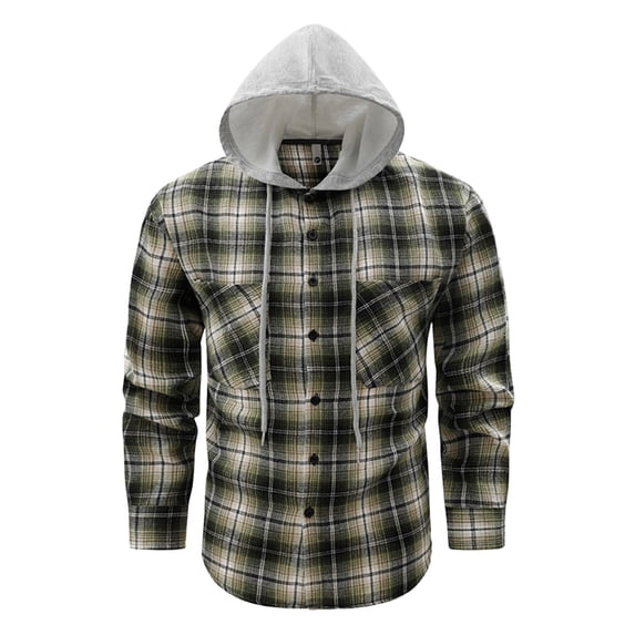Havenx Flannel Plaid Hoodie Shirt for Men Long Sleeve Button Down Hooded Shirts with Chest Pockets Drawstring Jackets Fall Winter Lightweight Loose Fit Casual Outfits