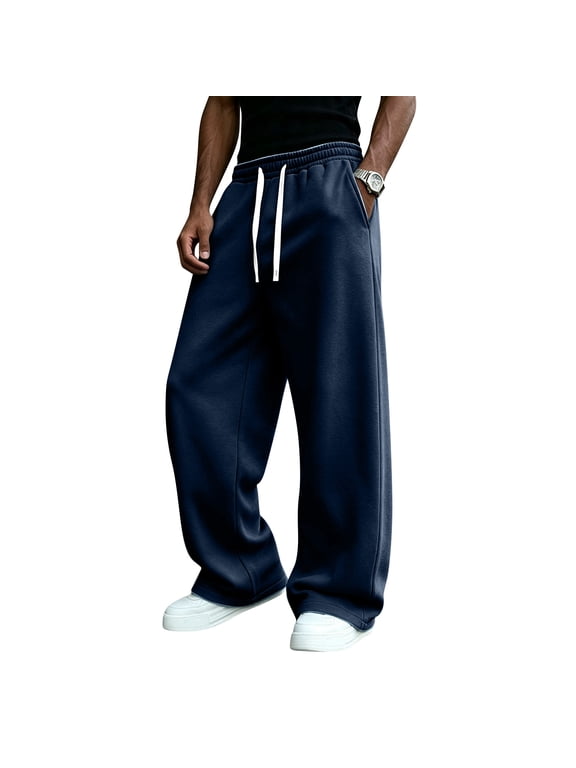 Fleece Sweatpants for Men Straight Wide Leg Drawstring Jogging Pants with Pockets Elastic Waist Open Bottom Sweatpant Lightweight Gym Lounge Soft Fall Winter Trousers,Navy XL