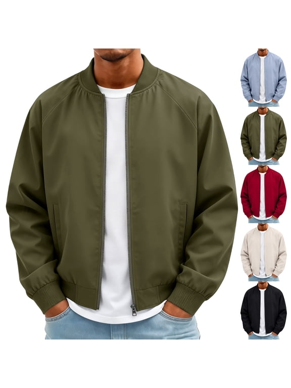 Full Zip Bomber Jackets for Men Baseball Collar Long Sleeve Windbreaker Jacket with Pockets Solid Color Coat Winter Fall Lightweight Casual Loose Fashion Outerwear,Black L
