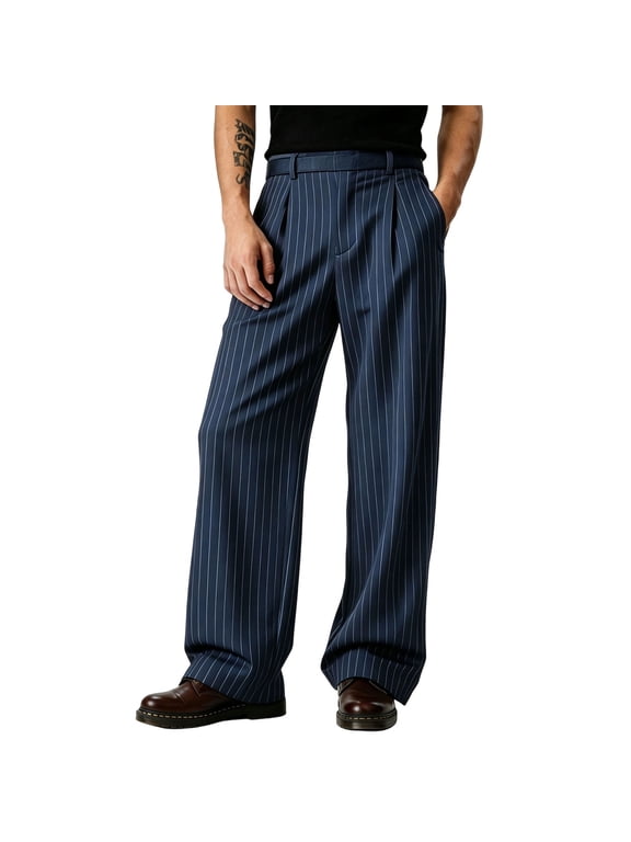 Golf Dress Pants for Men Striped Straight Leg Long Trousers with Pockets Wrinkle Stretch Trousers Business Daily Wedding Formal Fall Winter Clothes,Navy M