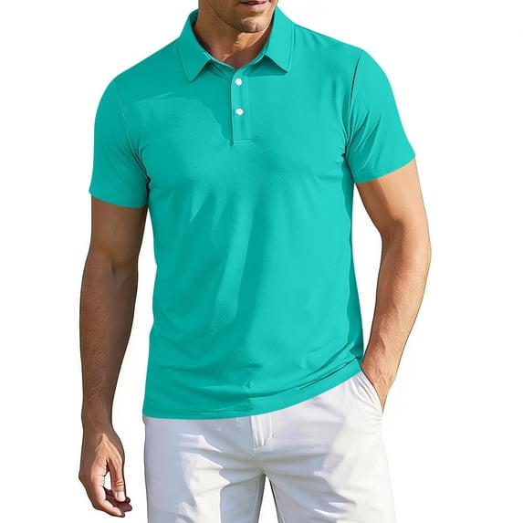 Havenx Golf Polo Shirts for Men Short Sleeve Collared 2-Button Polos Performance Moisture Wicking Dry Fit T Shirt Classic Fit Summer Work Business Wear,Cyan XL