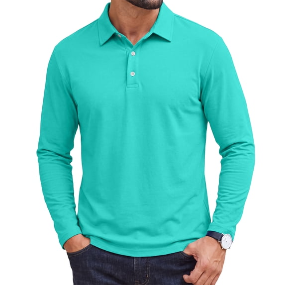 Havenx Golf Polo Shirts for Men Long Sleeve Button Down Polo Shirts Lapel Collar Shirts Fashion Casual Work Old Money Fall Business Clothing,Cyan L