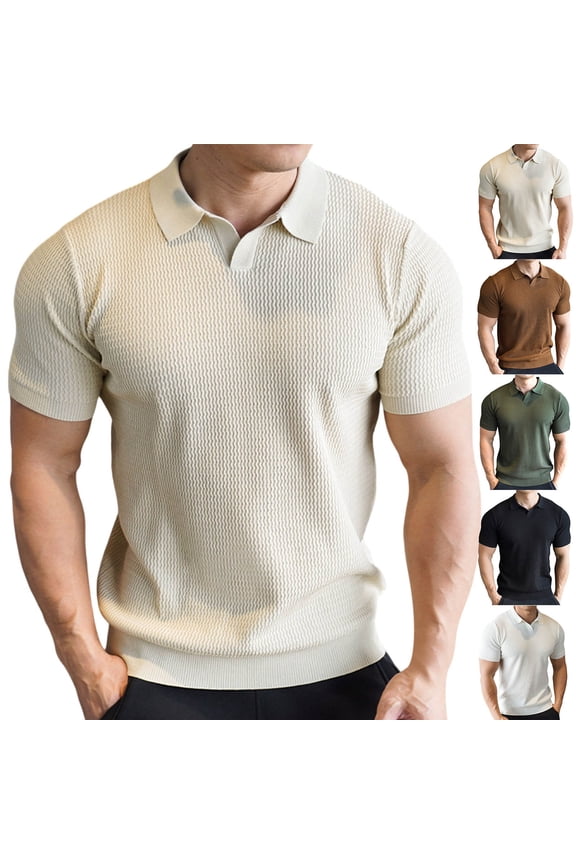 Golf Shirt for Mens Knit Textured Shirts Short Sleeve Collared V Neck Polos Stretchy Tennis Running Athletic Casual Clothes,Khaki 2XL