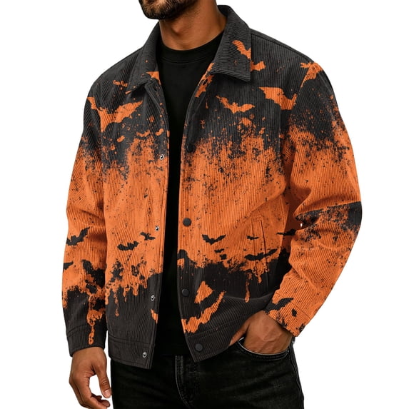 Havenx Halloween Print Corduroy Jacket for Men Long Sleeve Button Down Jackets with Pockets Lapel Collar Coats Work Fall Winter Vintage Casual Loose Fit Clothes,Black L