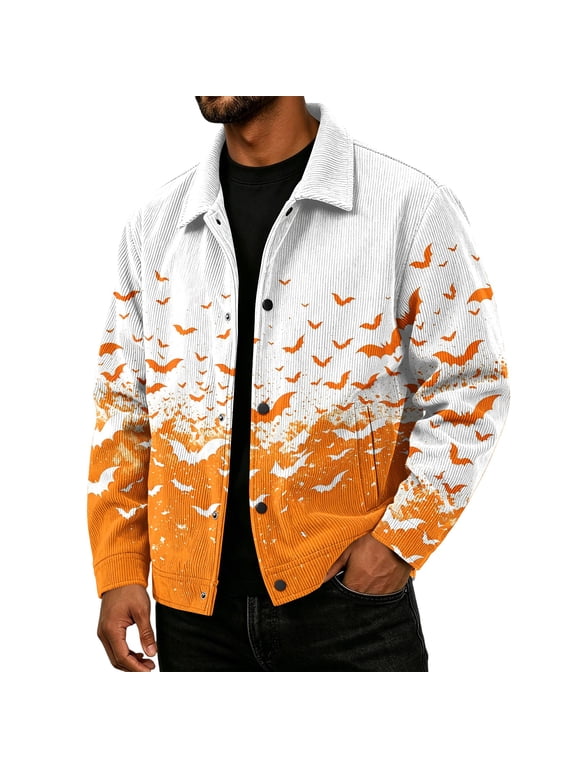 Halloween Print Corduroy Jacket for Men Long Sleeve Button Down Shirt Jackets with Pockets Lapel Collar Shacket Jacket Vintage Casual Western Fall Winter Clothing,Orange M