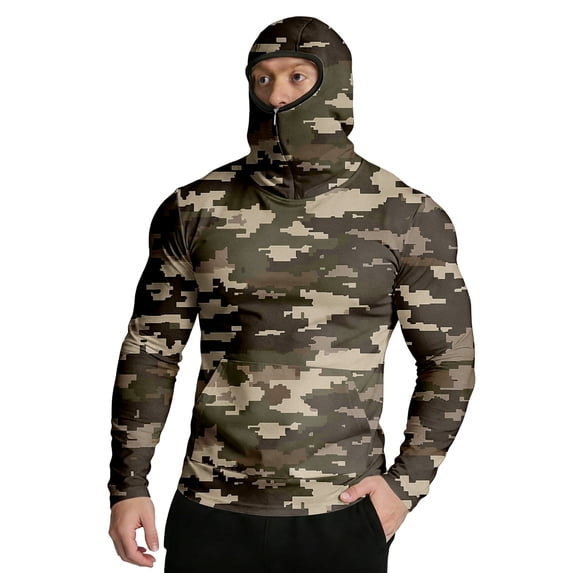 Havenx Hooded Sun Shirts for Men Camo Long Sleeve Hoodie with Mask Hooded Uv Upf 50+ Rash Guard Uv Protection Hiking Running Swim Athletic Workout Rash Guard Shirts,Camel M