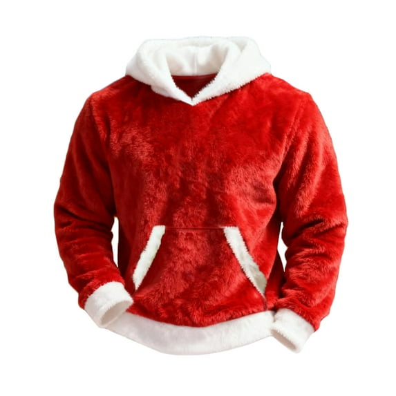 Havenx Hoodies for Men Christmas Fuzzy Flannel Sweatshirt Long Sleeve Faux Fur Trim Santa Humor Hoodie Big and Tall Solid Color Ugly Winter Tops,Red S