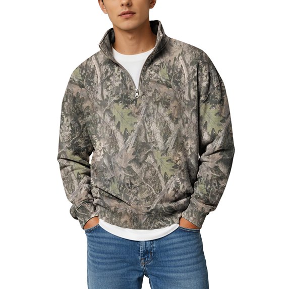 Havenx Hunting Camo Shirt for Men 1/4 Zip Maple Leaf Graphic Sweaters Long Sleeve Stand Collar Sweatshirt Polo Gym Workout Hiking Casual Athletic Clothing,Camouflage Green XL