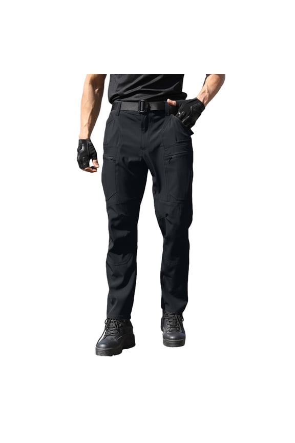 Insulated Work Pants for Men Fleece Lined Ripstop Cargo Trousers Water Repellent Elastic Waistband Cargo Pants with Multi Pocket Quick Dry Relaxed Fit Work Outdoor Travel Dress,Black 2XL