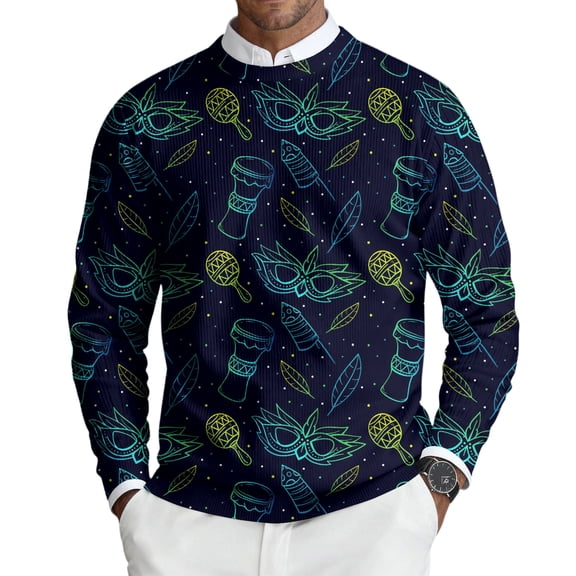 Havenx Knit Sweater for Men Crewneck Funky Mardi Gras Printed Pullover Long Sleeve Knitted Tops Pullovers Mask Print Holiday Party Thermal Carnival Casual Blouses,Dark Blue 3XL