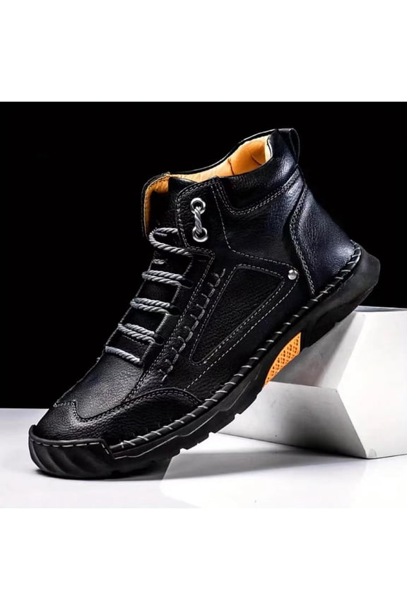 Leather Boots Mens Wide Shoes Comfortable Handmade Casual Boots Waterproof Arch Support Spacious Toe Box Outdoor Non-Slip Walking Shoes,Black 43(US-9)