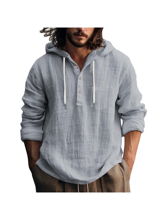 Linen Shirts for Men Button Up Long Sleeve Hoodies Pullover Hooded Drawstring Shirts Loose Fit Lightweight Breathable Boho Summer Tops,Gray 2XL