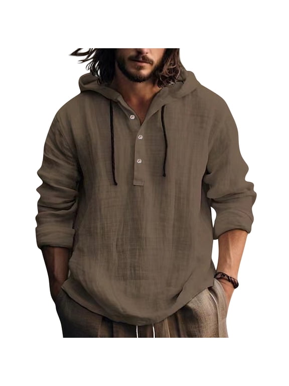 Linen Shirts for Men Quarter Button Down Hooded Sweatshirts Long Sleeves V Neck Hoodies Pullover Breathable Lightweight Summer Beach Casual Pullover,Coffee S