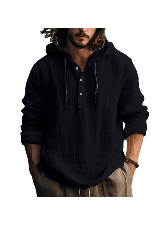 Linen Shirts for Men Quarter Button Down Hooded Shirt Long Sleeves V Neck Hoodie Loose Fit Casual Boho Lightweight Breathable Tops,Black XL