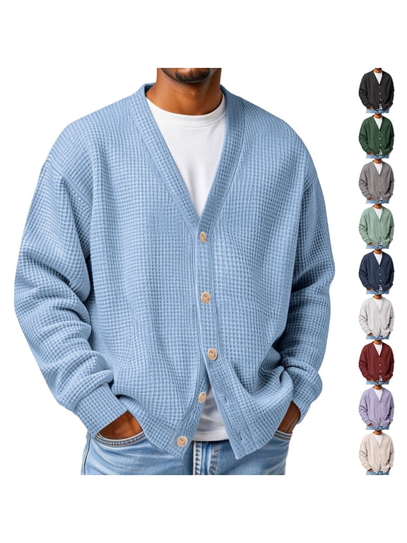 Long-Sleeve Cardigan Sweater for Men Waffle Knit Button Down Sweater V Neck Textured Open Front Cardigans Cozy Classic Basic Loose Casual Shirts,Purple S