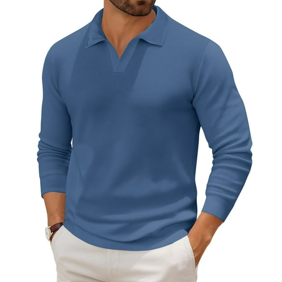 Havenx Long Sleeve Polo Shirts for Men Henley V Neck Knit Polo Shirts 2025 Lightweight Ribbed Collared Sweater,Royal Blue M